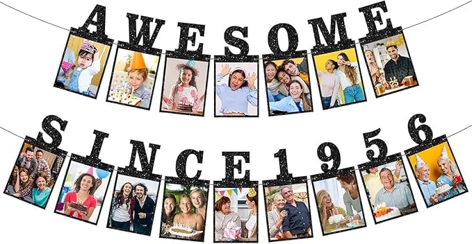 70th Birthday Banner with Photo Frame - Elegant Black/Gold Party Decor for Adults, Premium Cardstock Memorial Banner Holds 16 Photos (4x6"), Easy to Install