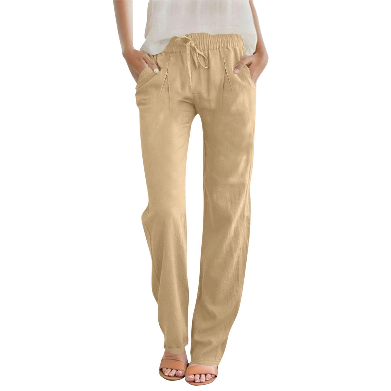 LRMQS Summer Cotton Linen Pants for Women 2026 Casual Drawstring Elastic Waist Trendy Trousers with Pockets Beach Clothes