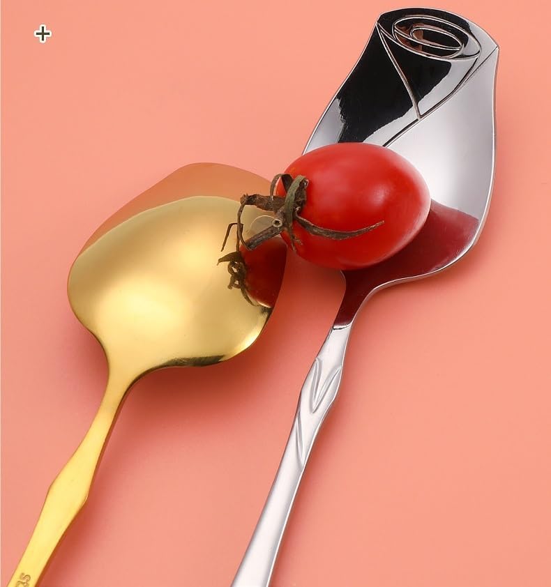 Silverware Flatware Set, 1/4/6/8/10/12 Pieces Valentine's Day Creative Rose Stainless Steel Spoon Hotel Restaurant Household Spoon Dessert Spoon(Black,12Pcs)