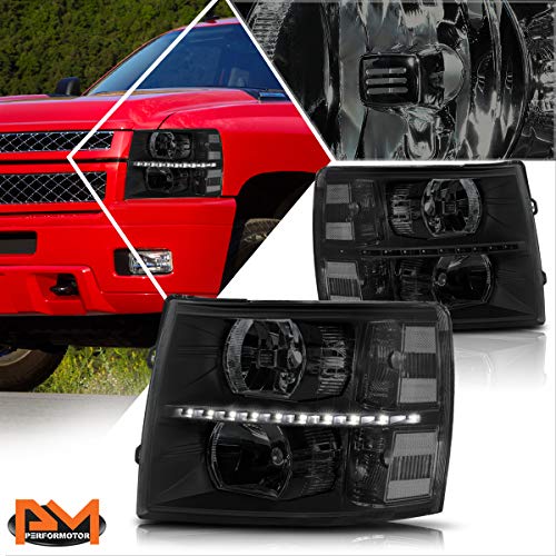 [2Pcs-Set] LED DRL Strip Headlight Assembly Compatible with 2007-2014 Chevy Silverado,Smoked Lens/Clear Corner