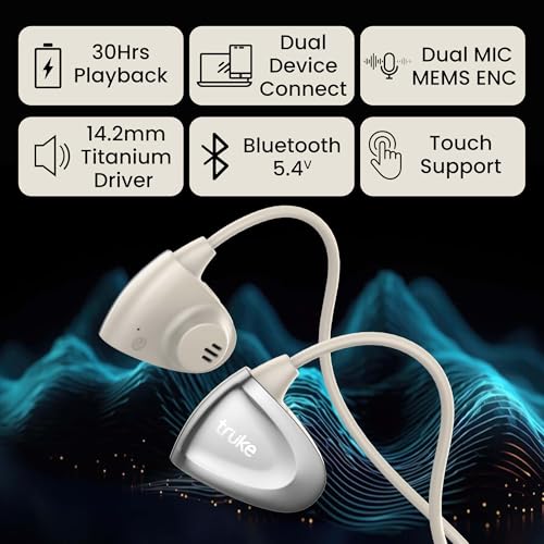 Image of truke Yoga Beat Open Ear Neckband with 360-degree Titanium Alloy Flex Comfort, 14.2mm Drivers, 30H Playtime, Dual Mic for Crystal-Clear Calls, Fast Charging, BT 5.4 (Beige Gold)