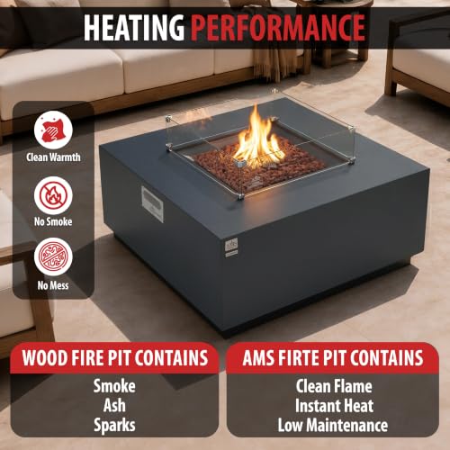 Image of AMS 48 inch Square Concrete GFRC Propane Gas Fire Pit Table Bundle (Dark Gray)