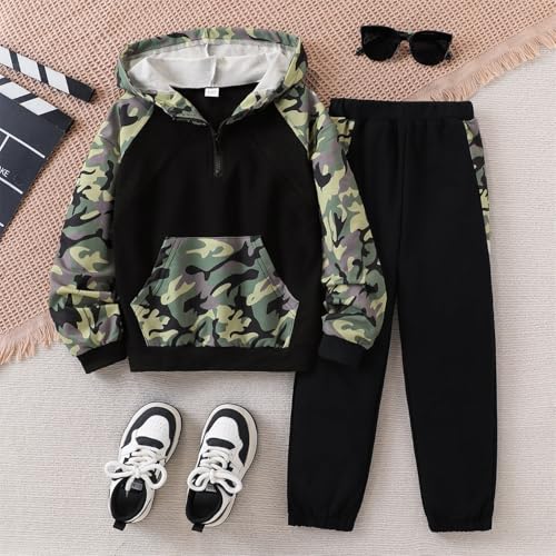 Image of OLMRJKD 5-12Y Boys Clothes 2 Piece Long Sleeve Quarter Zip Hoodie Sweatshirt and Sweatpants Fall Winter Sweatsuit