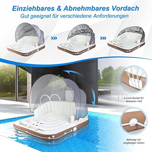 FANTASK Luxus-Inselbett XXL, Aufblasbare Schwimminsel mit einziehbarer & Abnehmbarer Überdachung, Badeinsel mit 2 Getränkehaltern 180 x180 x160 cm, Weiß, Braun, Silber