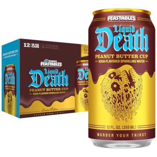 Image of Liquid Death Soda-Flavored Sparkling Water - Feastables Peanut Butter Cup, Less Sugar*, Huge Flavor, No Caffeine, No Artificial Sweeteners, 12 Fl Oz (Pack of 12)