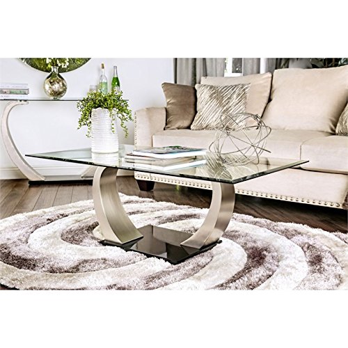 Bowery Hill Modern Contemporary Glass Top Coffee Table, Living Room, With Satin Silver Base #TOP3