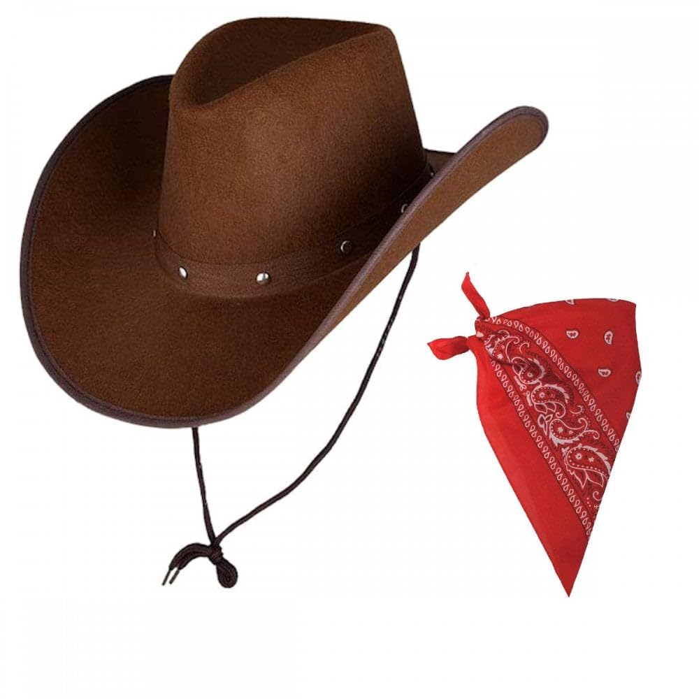 Titch & Timbo Dark Brown Texan Cowboy Hat + Bandana Set : Adult Mens Womens Western Wild West Rodeo Barn Dance Cowgirl Music Festival Pop Tour Fancy Dress Accessory (Paisley Bandana, Red Bandana)