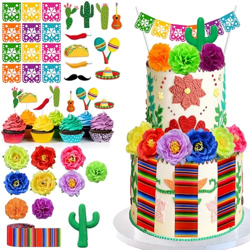 33 PCS Mexican Fiesta Cake Topper Mini Mexican Papel Picado Banner Cactus Pepper Sombrero and Flower Cake Decor for Mexican Themed Party Decorations