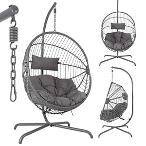 Arebos Hängesessel mit Gestell Garten | Freistehender Hängesessel Balkon Outdoor | Ei Sessel höhenverstellbar 160–180 cm | Stahlgestell 130 kg inkl. Sitz- & Nackenkissen