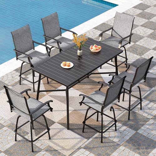 Image of PHI VILLA Outdoor Swivel Patio Bar Stools Set of 6, 30 Inch Bar Height Tall Patio Chairs with Back & Armrest, Durable Textilene Fabric in Grey for Deck Lawn Garden