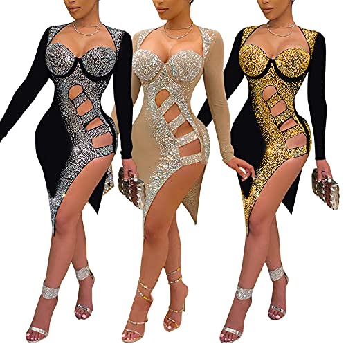 Image of PORRCEY Women's Sexy Elegant Rhinestone Mesh Party Club Night Mini Dress