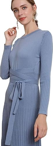 Ranrui Pleated Knitted Fit And Flare Sweater Dresses Womens Round Neck Long Sleeve Knit Dresses High Waist Long Sweater Dress Soft Warm Belt Fitted Maxi Dresses Winter Dress 1302(A-Haze Blue,12-14) #TOP4