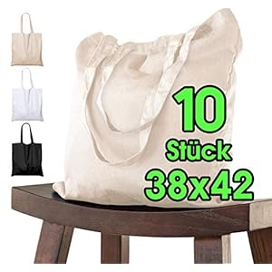 Katoenen tas 38×42 cm 10 stuks onbedrukt, lange hengsels, stoffen tas, draagtas, tas, katoenen tas, jute tas, Oeko-Tex® gecertificeerde stoffen tas, boodschappentas, om te beschilderen, 38 x 42 cm