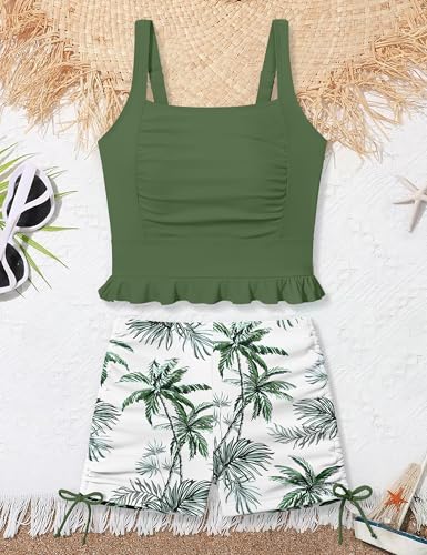 Image of Girls Swimsuit Two Piece Bathing Suit Ruffle Trim Swimsuits for Girls Tankini with Drawstring Shorts Swimwear 9-18Y