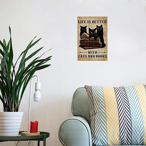 Metal Tin Sign Life Is Better With Cats And Books Bombay Cat Vintage Sign For Home Coffee Wall Decor Funny Library Bookstore Retro Decor 12X8 Inch #TOP4