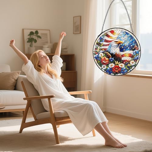 Stained Glass Window Hanging Suncatcher, Bald Eagle American Flag 8 Inch Sun Catcher for Window, Patriotic Decor Gifts for Men Dad Grandpa Veteran - Thumbnail 6