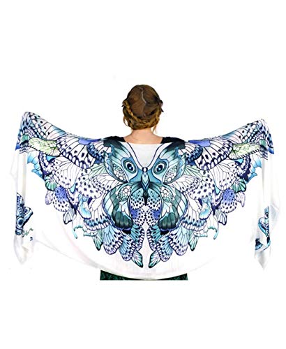 Designer Silk & Cashmere Scarf With Wide Spread Bird Feather Wings (Blue Butterfly) #TOP4