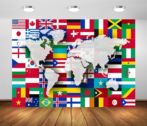BELECO 5x3ft Fabric World Flags Backdrop World Map International Flag Country Flags Background for Themed Party Decorations Home Decor Photo Booth Studio Props by BELECO - Used condition - US$7.34
