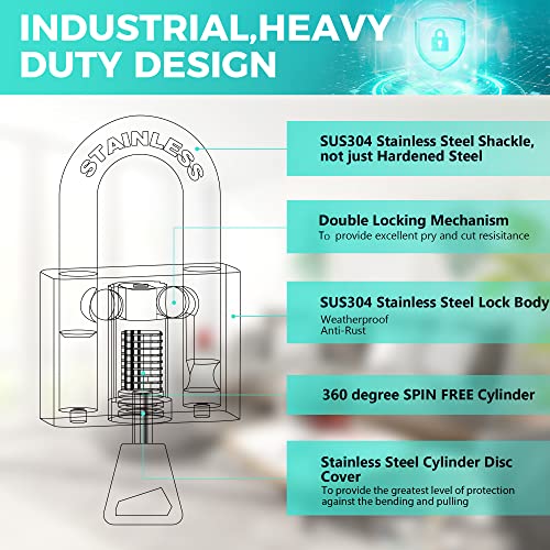 KAWAHA 41/50LKD-5SK 50 mm langer Bügel, Hochsicherheits-Vorhängeschloss aus Edelstahl mit Schlüssel für den Innen- und Außenbereich (robust, rostfrei (50 mm), verschiedene L-Schlüssel, 5
