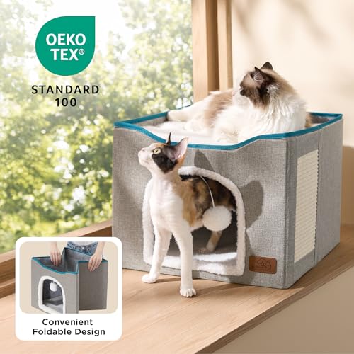 Bedsure Cat Beds for Indoor Cats - Large Cat Cave for Pet Cat House with Fluffy Ball Hanging and Scratch Pad, Foldable Cat Hideaway, 16.5x16.5x13 inches, Grey - Image 4