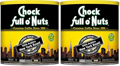 Chock Full o’Nuts New York Roast, Dark Roast Ground Coffee – Gourmet Arabica Coffee Beans – Bold, Full-Bodied and Intense Coffee (30.5 Oz. Can) (Pack of 2)