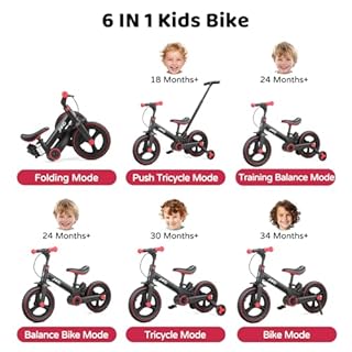 JMMD 6-in-1 Toddler Bike with Training Wheels and Pedals, 12 inch Convertible and Foldable Balance Bike & Pedal Bike with Adjustable Parent Handle, Kickstand, Brakes for kids, Age 18 Months-5 Years