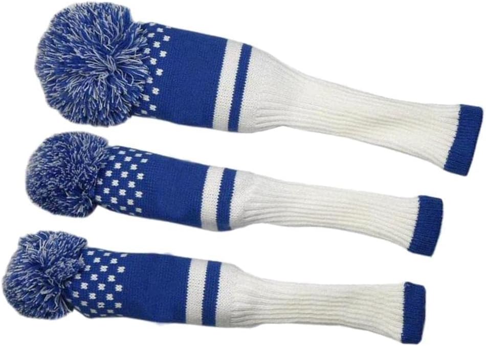 Knitted Golf Club Head Covers Driver with Pom Poms - Set of 3 Stylish Knit Covers for Woods and Putter - s Clubs from Scratches and Dings - Perfect Golf Accessories for Traveling - White Blue