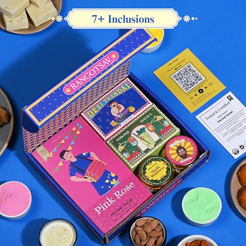 Image of Indian Karigar Rangotsav Box 2026 | 9 Inclusions | Holi Gulal for Holi Colour 80g | Thandai Powder + Shikanji Powder + Mukhwas & More | Organic Skin Safe Holi Colors With Certificate & Greeting Card | Herbal Gulal Holi Gift Hampers (Rangotsav Holi Gifts)
