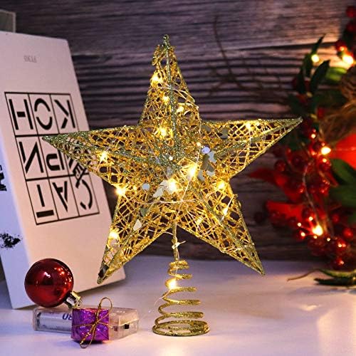 Christmas Tree Star Topper With Lights, Xmas Tree Glittered Tree-top with LED Lamp Ornament Party Home Decor Christmas Decorations