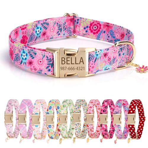 Personalized Dog Collars Custom Dog Collar with Name and Phone Number Laser-Engraved Floral Dog Collar with a Beautiful Charm Adjustable for Small Medium Large Dogs