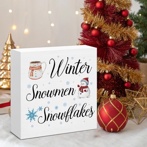 Image of Winter Decor, Snowflake Snowmen Wood Box Sign, Winter Wonderland Christmas Home Office Decorations for Desk Table Shelf 5 X 5 Inches