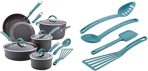 Rachael Ray Cucina - Juego de ollas y sartenes antiadherentes anodizados duros, 12 piezas, utensilios antiadherentes de nailon gris y Cucina, Rachael Ray Cucina - Juego de ollas y sartenes antiadherentes anodizados duros, 12 piezas, utensilios antiadherentes de nailon gris y Cucina,
