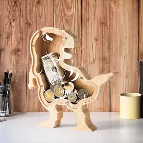 Image of Wooden Dinosaur Piggy Coin Banks for Kids Name