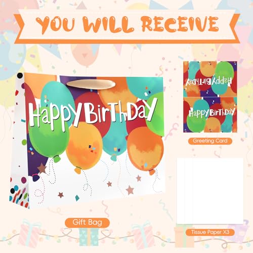 Image of JMANNI Large Happy Birthday Gift Bag with Tissue Papers and Greeting Card,Portable Paper Gift Bags with Handles,Present Bags for Women Men Birthday Party Supplies 13 inch x10.2 inchx4.7 inch(Coloured Balloon)