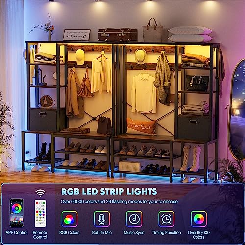 Aheaplus Hall Tree With Storage Bench, Coat Rack With Led Lights, 5-Tier Shelves, Fabric Storage Basket, Side Hooks, 71’’ Industrial 5 In 1 Large Organizer, Sturdy Metal Frame, Rustic Brown #TOP2