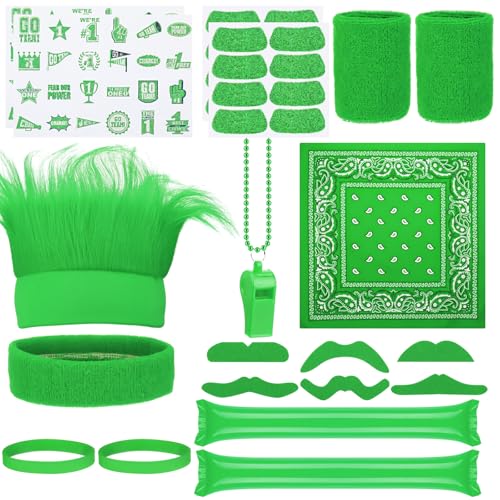 Bonuci 72 Pcs Green Spirit Wear Boys Camp Color War Accessories Team Spirit Day Accessories Spirits Bundles Colored Stuff Field Supplies Camp Game Color Items Crazy Hair Wig for Sport