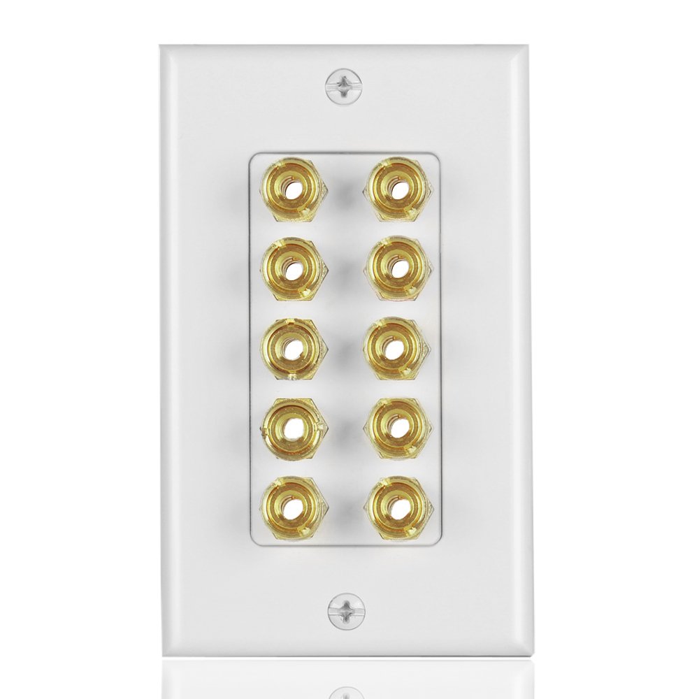 TNP Products Home Theater Wall Plate - Banana Plug Wall Plate, 5 Speaker Wire Wall Plate with Gold-Plated Terminals, Single Gang Audio Wall Plate, In-Wall Surround Sound Connection Plates, White