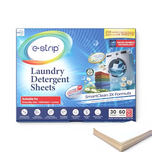 Image of eStrip SmartClean 3X Laundry Detergent Sheets - 30 Sheets, Ultra-Concentrated Eco-Friendly,Dissolves Instantly, Liquid & Pod Alternative, Works for Front & Top Load & Hand Wash, Tough Stain Removal