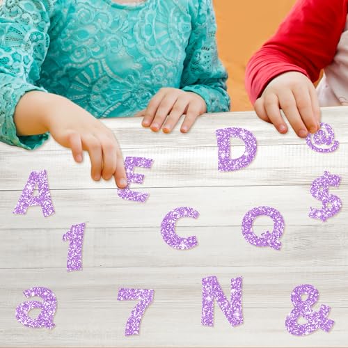 Image of Colarr 216 Pcs Glitter Bulletin Board Letters for Classroom Number Alphabet Punctuation Symbol Cutout 4'' Die-Cut Poster Letter with Adhesive Dot School Party Holiday Decor Display(Violet)