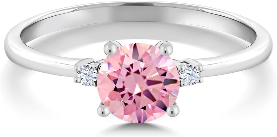 Gem Stone King 10K White Gold Pink Zirconia and White Created Sapphire Solitaire Engagement Ring For Women (1.53 Cttw, Round 6MM, Gemstone Birthstone)