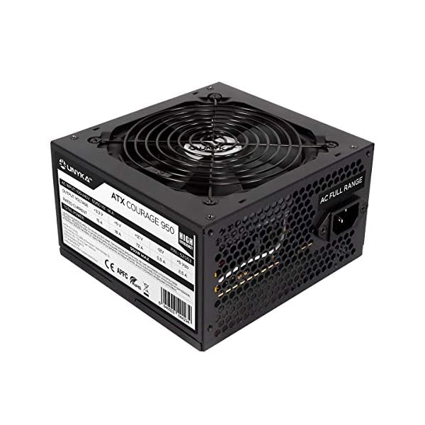 UNYKAch Fuente de Alimentación Courage ATX 950W Alta Eficiencia, con PFC Activo, Especial Profesionales y Gaming, Raíl Único de +12V y Ventilador de 12 cm con Control de Temperatura