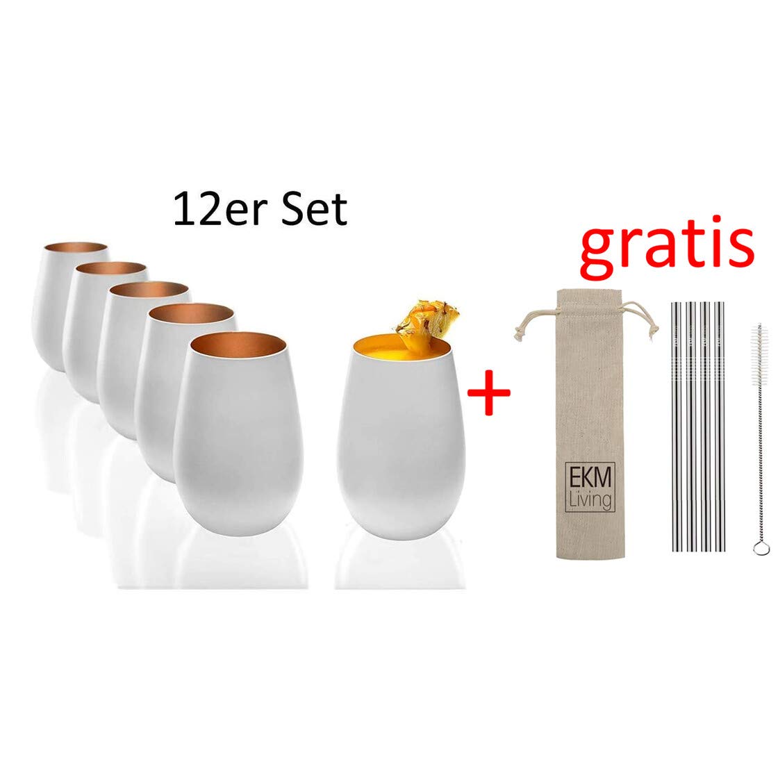Stölzle Lausitz Becher 465 ml, 12er Set, Wassergläser in weiß (matt) und Bronze, spülmaschinenfest + Gratis 4er Set EKM Living Edelstahl Trinkhalme