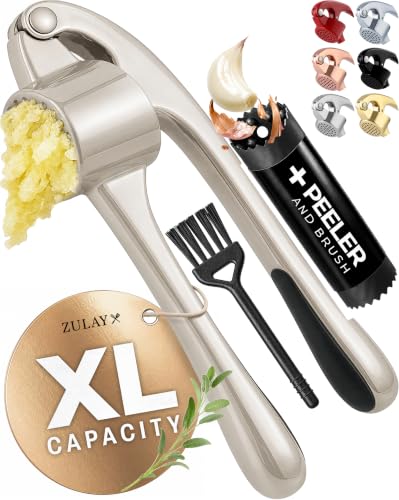 Zulay Kitchen Large Premium Garlic Press Set - Bigger Bowl for Bigger Garlic - Rust Proof Garlic Mincer Tool - Easy-Squeeze, Easy-Clean Silicone Garlic Peeler & Brush (Silver)