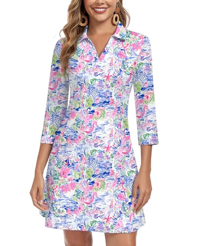 Image of WOWENY 3 /4 Sleeve Dress for Women with Pockets V Neck UPF 50+ Casual Sun Dress Breathable Quick Dry Beach Vacation