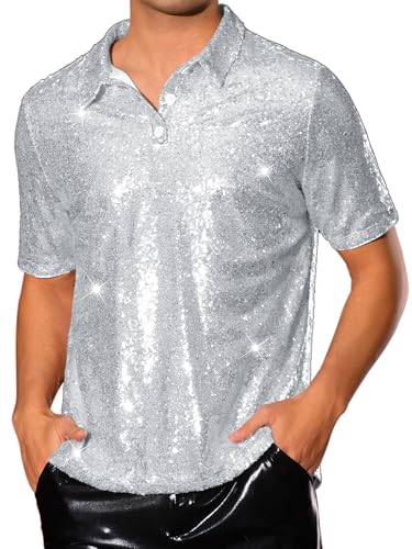 Lars Amadeus Sequin Shirts for Men's Sequin Short Sleeve Sparkle Prom 70s Disco Party Glitter Polo
