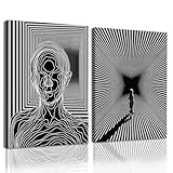 AUUAUU Abstract Wall Art Set of 2 Framed Canvas Prints Paintings Black and White Lines Wall Art 12x16 Inch Optical Illusion Wall Decor Modern Minimalist Poster for Living Room Bedroom Offic
