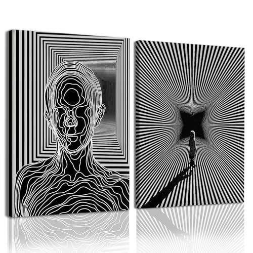 AUUAUU Abstract Wall Art Set of 2 Framed Canvas Prints Paintings Black and White Lines Wall Art 12x16 Inch Optical Illusion Wall Decor Modern Minimalist Poster for Living Room Bedroom Offic