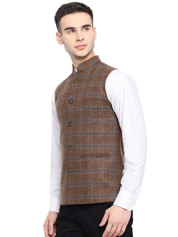 Image of Vastraa Fusion Men's Blue & Grey Chequered Woolen Blended Festive Nehru Jacket /Waistcoat