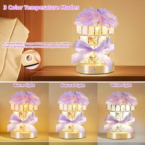 Image of Women Gifts Purple Rose Flower Lamp Cordless LED Touch Flower Night Light | 3-Colour Stepless Dimming,Rechargeable Small Flower Bedside Table Lamp,Birthday Gift for Women,Home Living Room Bedroom Decor
