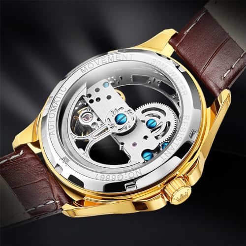 Image of OLEVS Mechanical Dress Mens Watches Square Brown Leather Strap Moon Phase Skeleton Tourbillion Day Date Waterproof Luminous Men's Wrist Watches